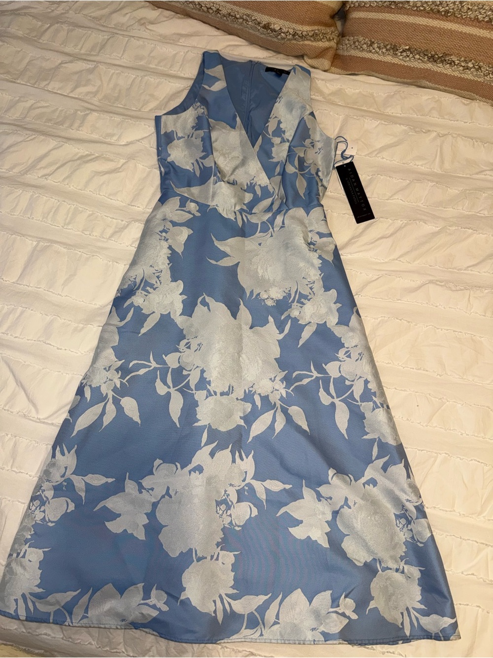 Sleeveless Light Blue Floral V-Neck A-Line Dress